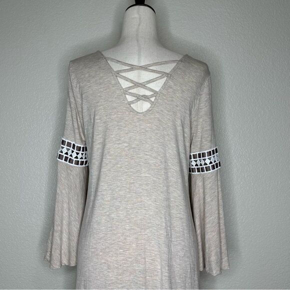 Lapis Beige Embroidered Bell Sleeves Tunic Top - Picture 8 of 12